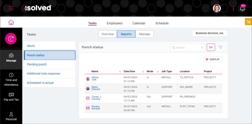 Screenshot of the punch status report