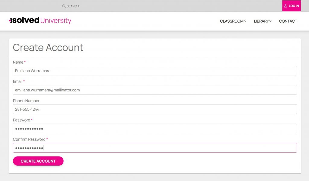 Create University account screen