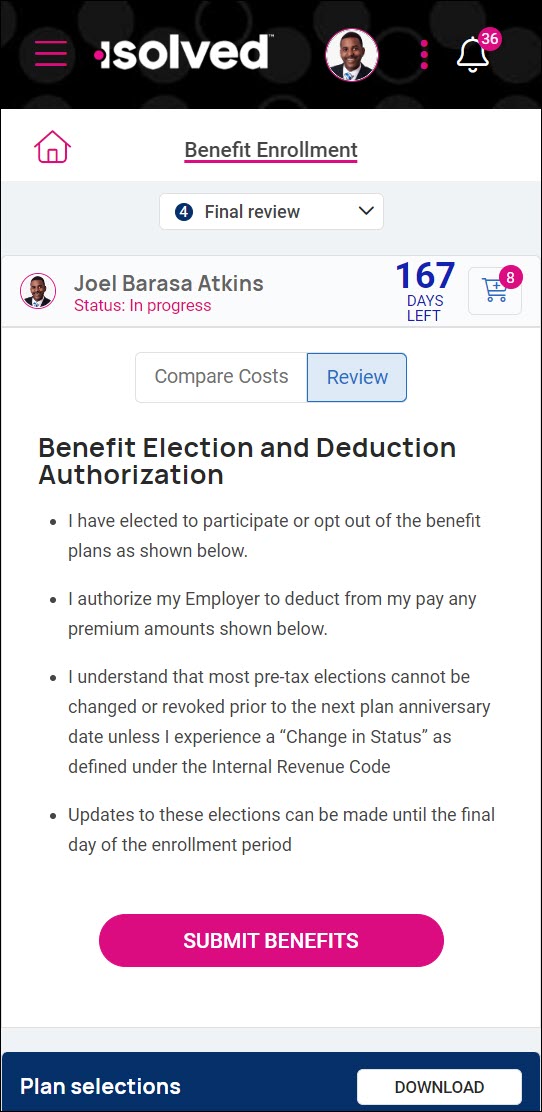Submit Benefits option after Final Review in the Benefit Enrollment wizard in the Adaptive Employee Experience